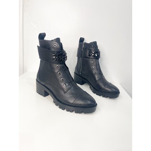 Karl Lagerfeld Paris Pippa Combat Moto Boot New Black Gem 7.5 - Picture 1 of 10